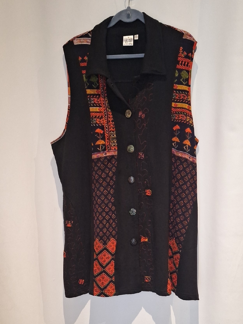 Parsley And Sage Boho Embroidered Button-Up Vest in Black with Orange Accents